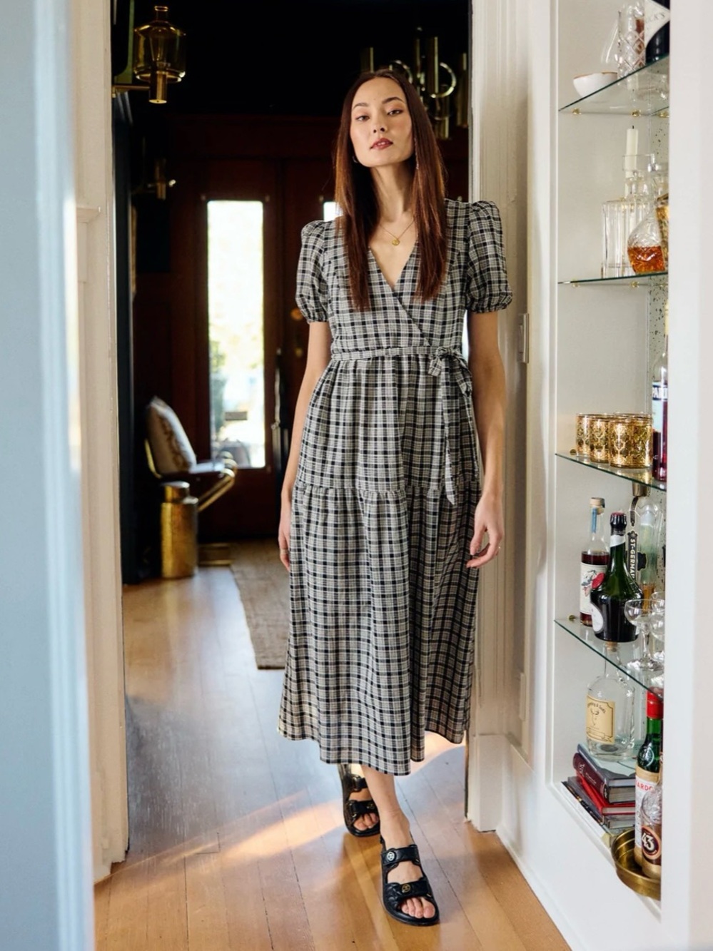 Park & Fifth Black and White Plaid Short Sleeve Maxi Wrap Dress-The Hudson